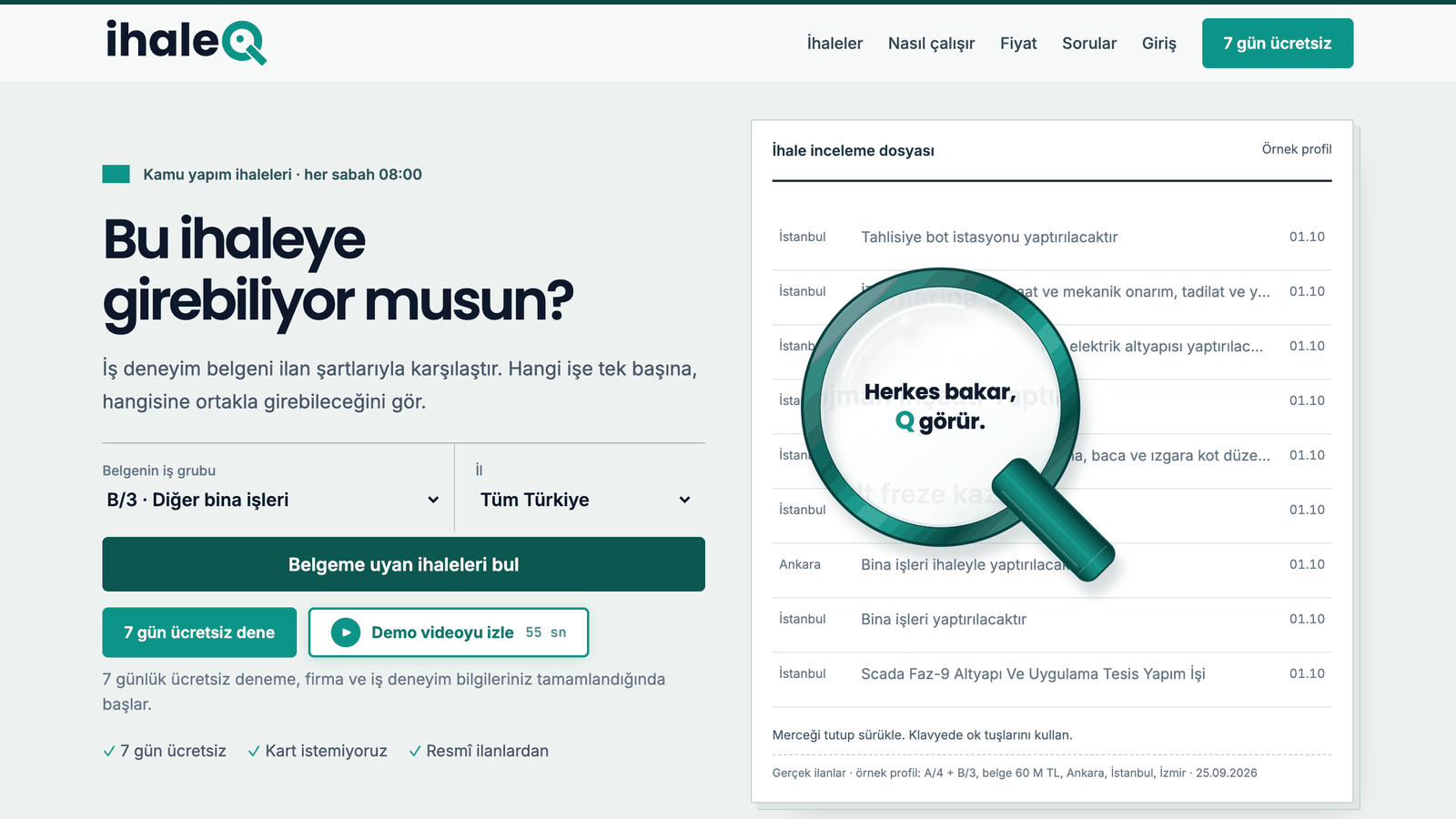 ihaleq.com giriş sayfası: ihaleQ logosu, büyüteç ve “Herkes bakar, Q görür.”