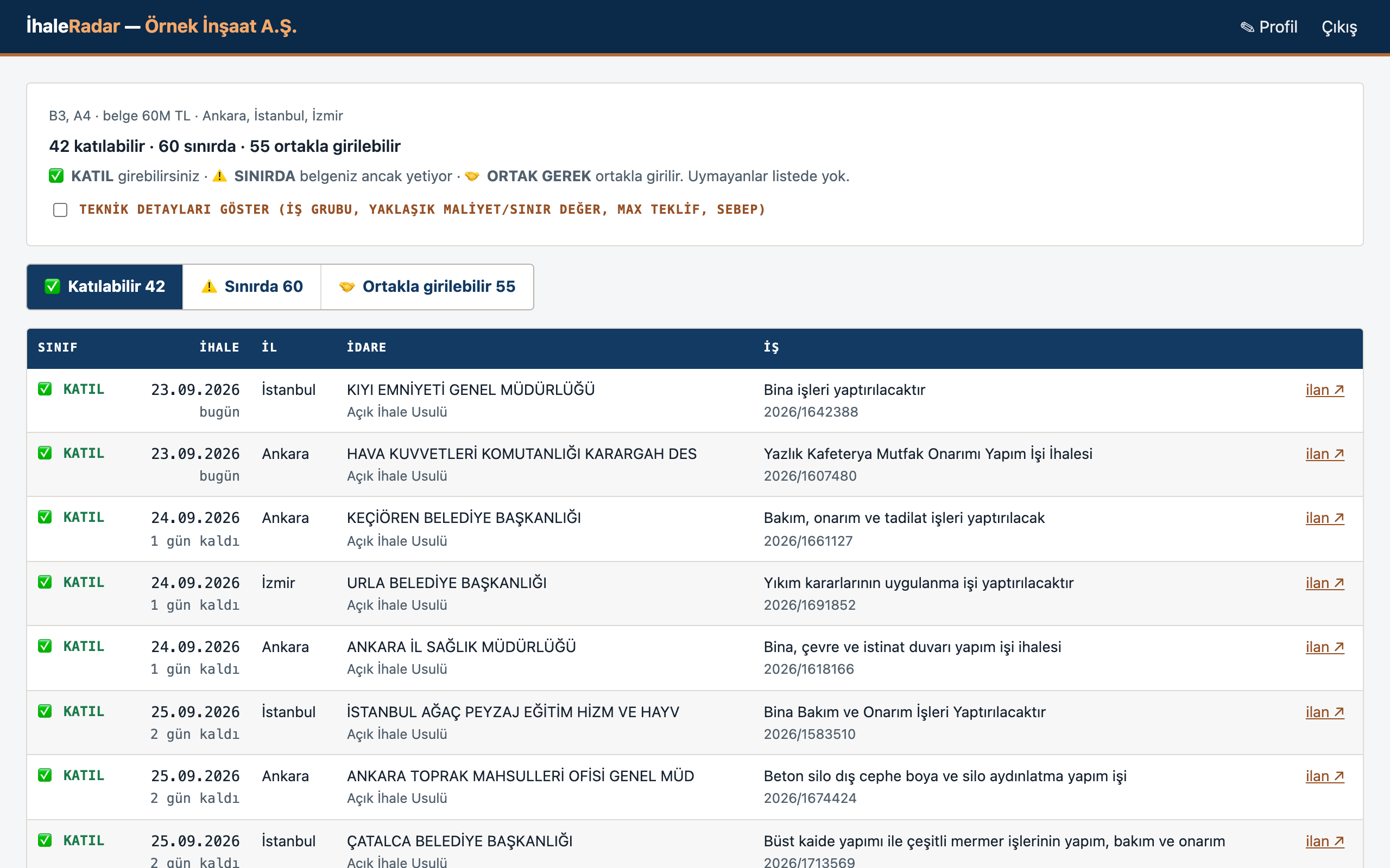 İhaleQ liste ekranı: katılabilir ihaleler, tarih, idare, iş adı ve ilan bağlantısı